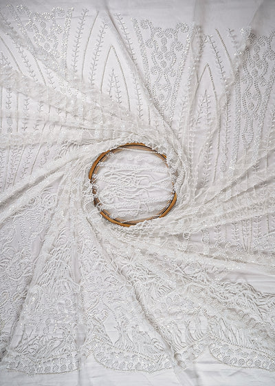 White Imported Net Fabric With All Over Sequins, Bead And Scalloped Border 24090