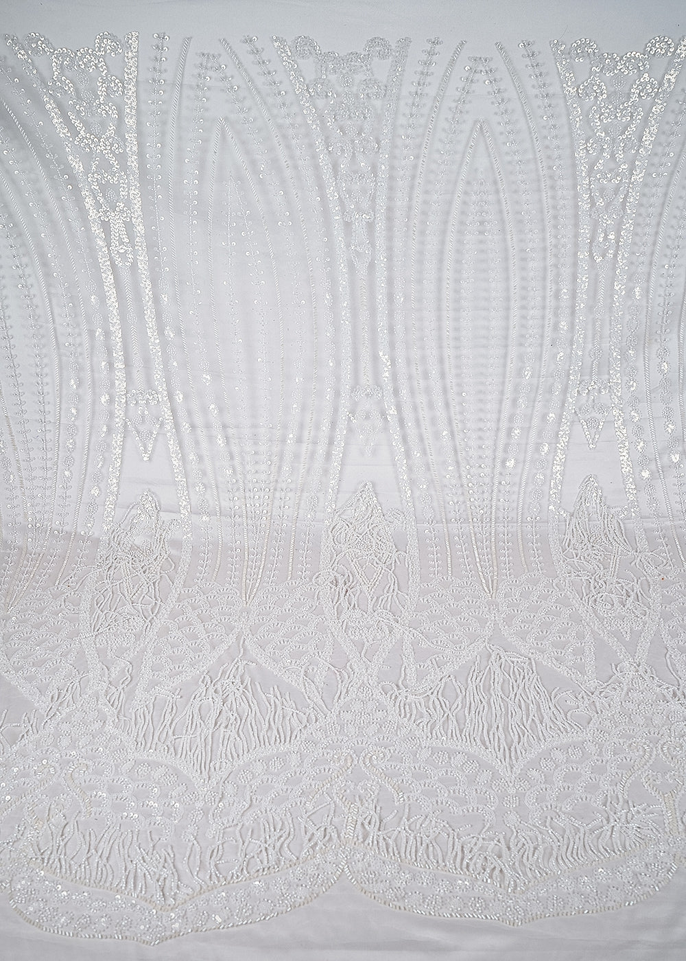 White Net Fabric With All Over Sequins, Bead And Scalloped Border 24090