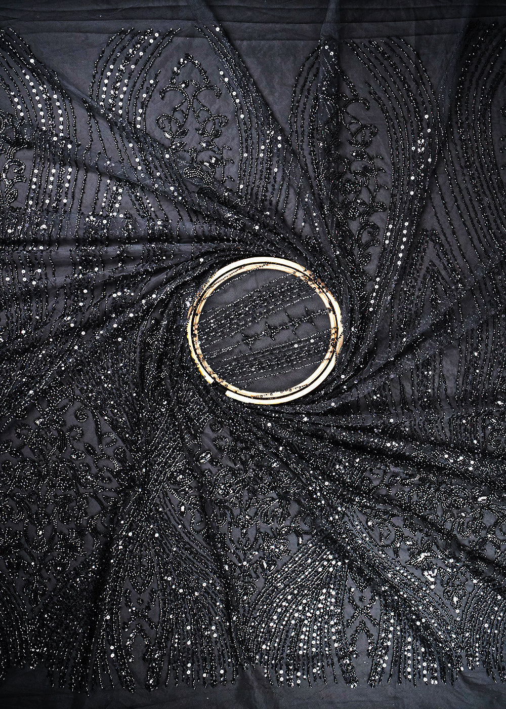 Black Imported Net Fabric With All Over Sequins, Katdana And Bead Work With One Side Border 24091