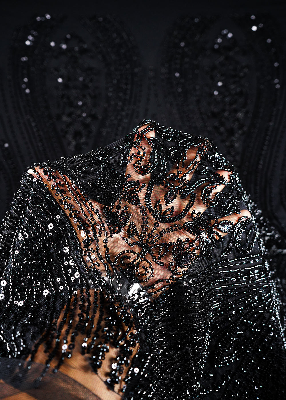 Black Imported Net Fabric With All Over Sequins, Katdana And Bead Work With One Side Border 24091