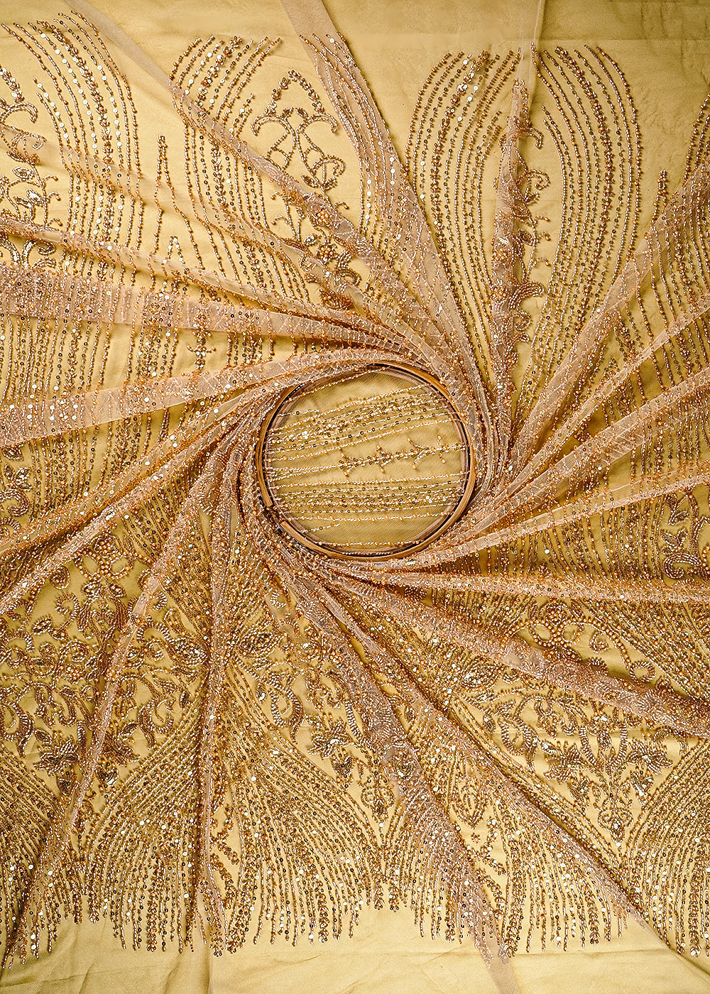 Golden Imported Net Fabric With All Over Sequins, Katdana And Bead Work With One Side Border 24092