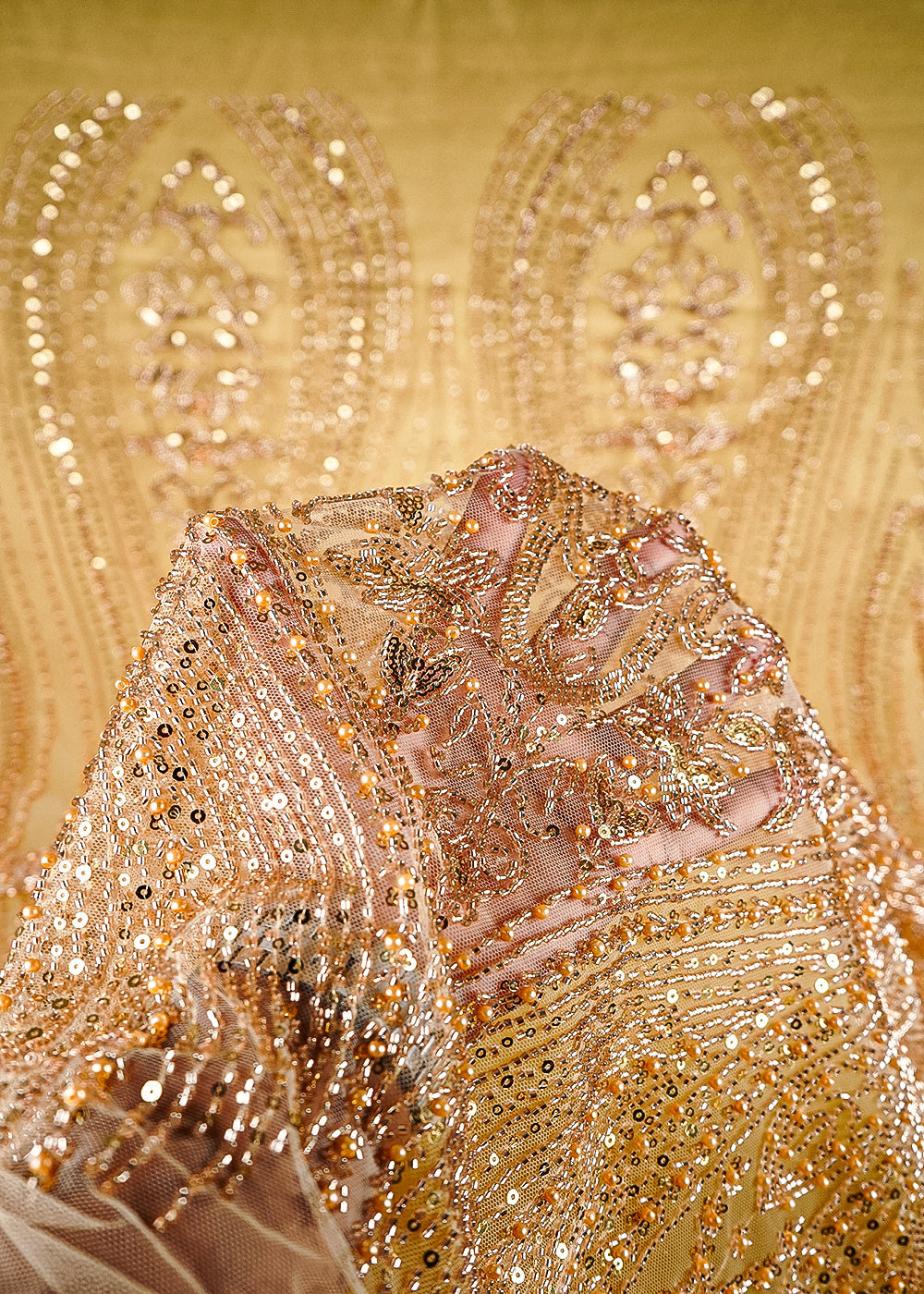 Golden Imported Net Fabric With All Over Sequins, Katdana And Bead Work With One Side Border 24092