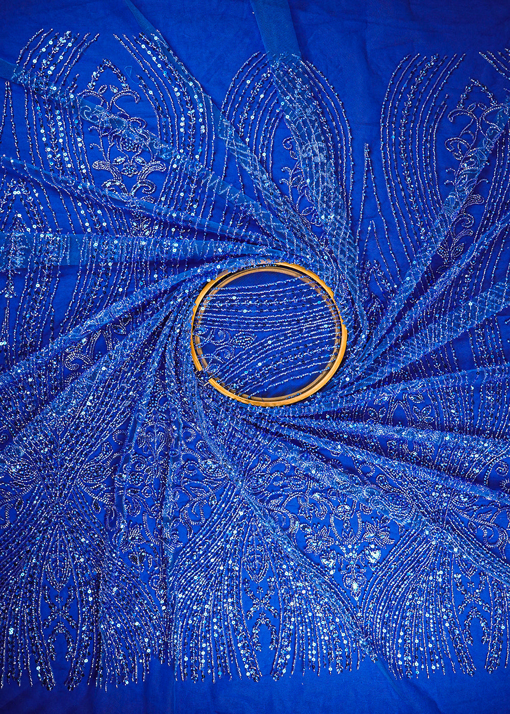 Royal Blue Imported Net Fabric With All Over Sequins, Katdana And Bead Work With One Side Border 24093