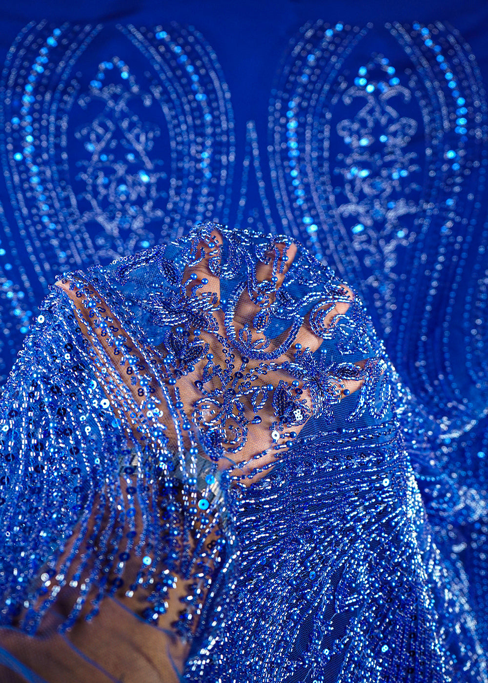 Royal Blue Imported Net Fabric With All Over Sequins, Katdana And Bead Work With One Side Border 24093