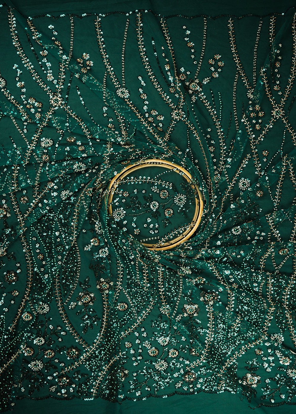 Bottle Green Imported Net Fabric With All Over Sequins And Bead Work With Scalloped Border 24095