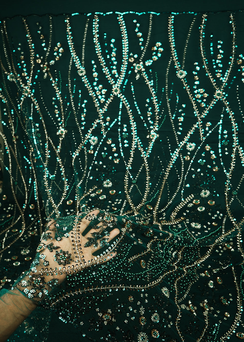 Bottle Green Imported Net Fabric With All Over Sequins And Bead Work With Scalloped Border 24095