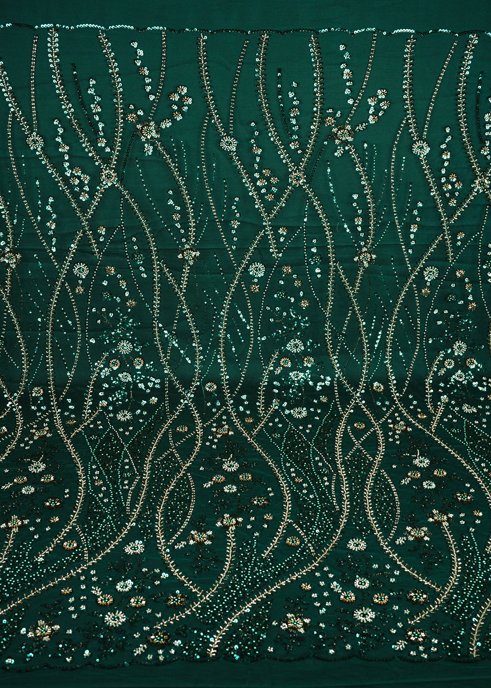 Bottle Green Imported Net Fabric With All Over Sequins And Bead Work With Scalloped Border 24095