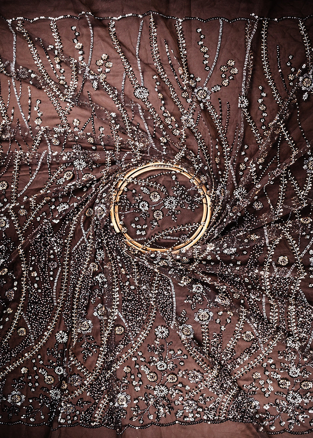Brown Imported Net Fabric With All Over Sequins And Bead Work With Scalloped Border 24096