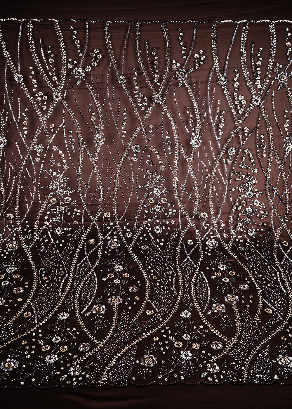 Brown Imported Net Fabric With All Over Sequins And Bead Work With Scalloped Border 24096