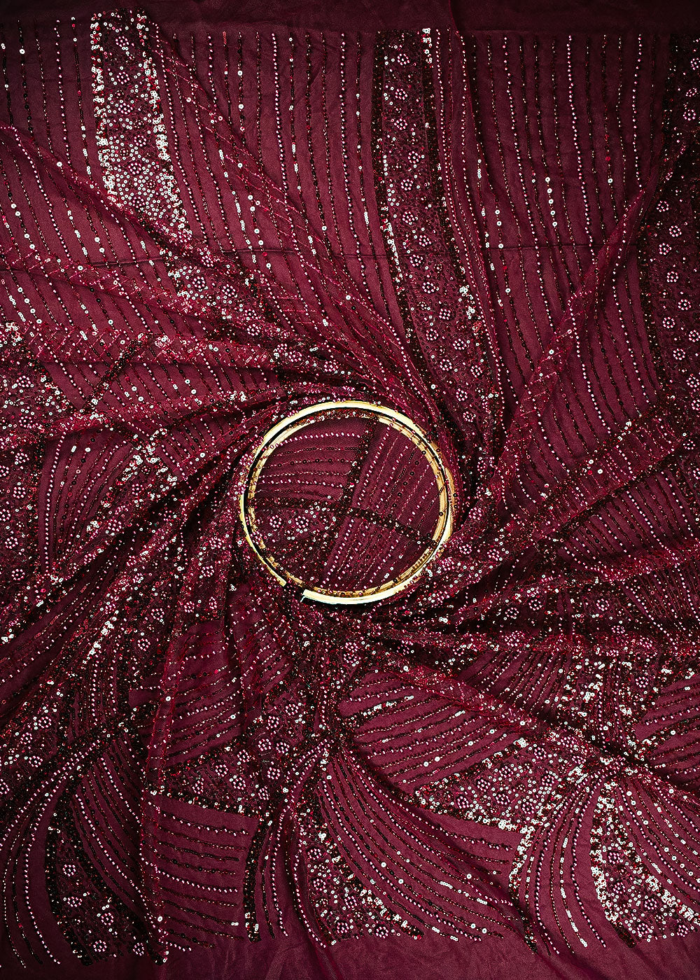 Mehroon Net Fabric With All Over Bead, Sequins And Scalloped Borders 24103
