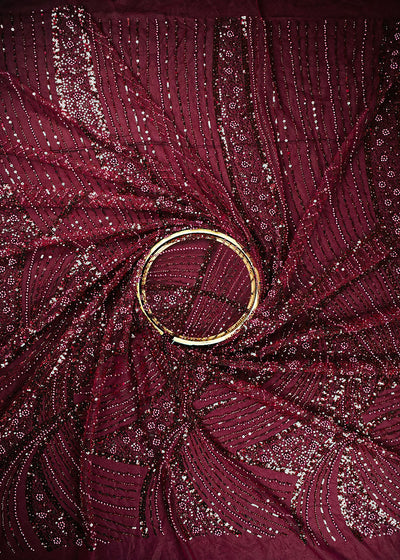 Maroon Net Fabric With All Over Bead, Sequins And Scalloped Borders 24103