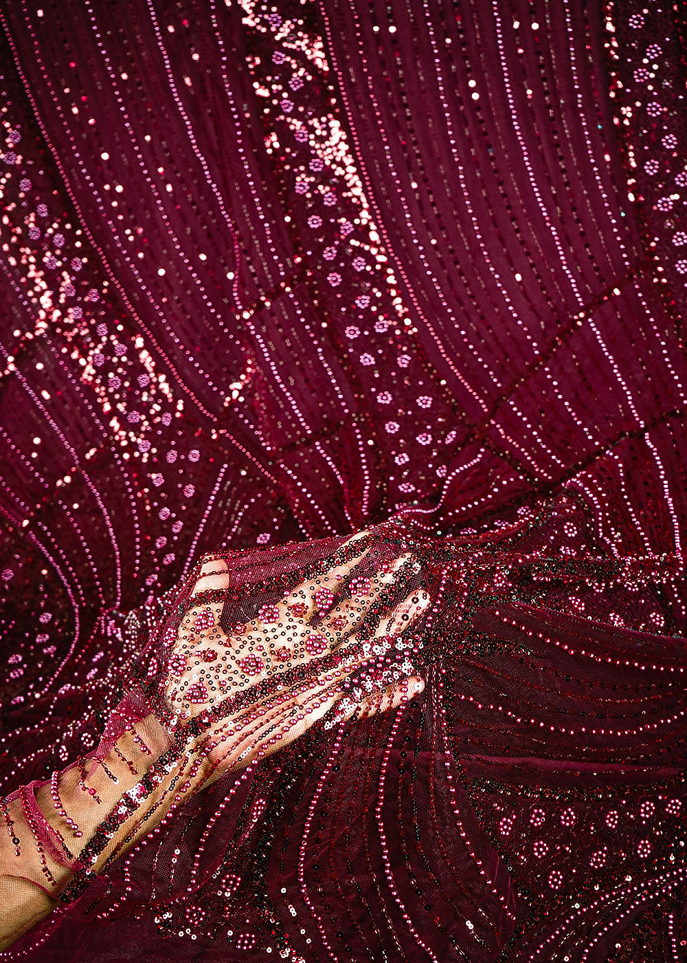 Mehroon Net Fabric With All Over Bead, Sequins And Scalloped Borders 24103