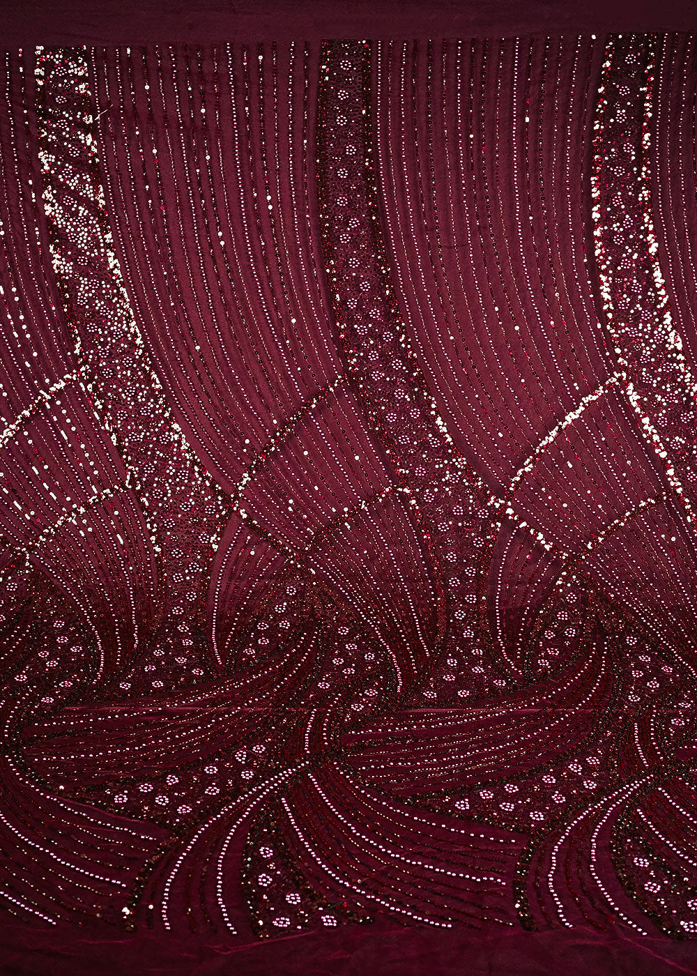 Mehroon Net Fabric With All Over Bead, Sequins And Scalloped Borders 24103