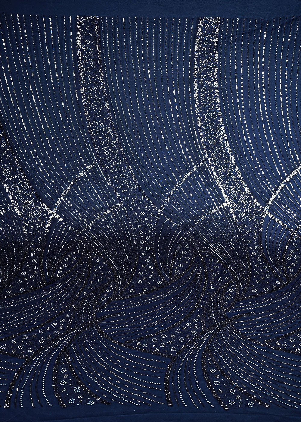 Navy Blue Net Fabric With All Over Bead, Sequins And Scalloped Borders 24104