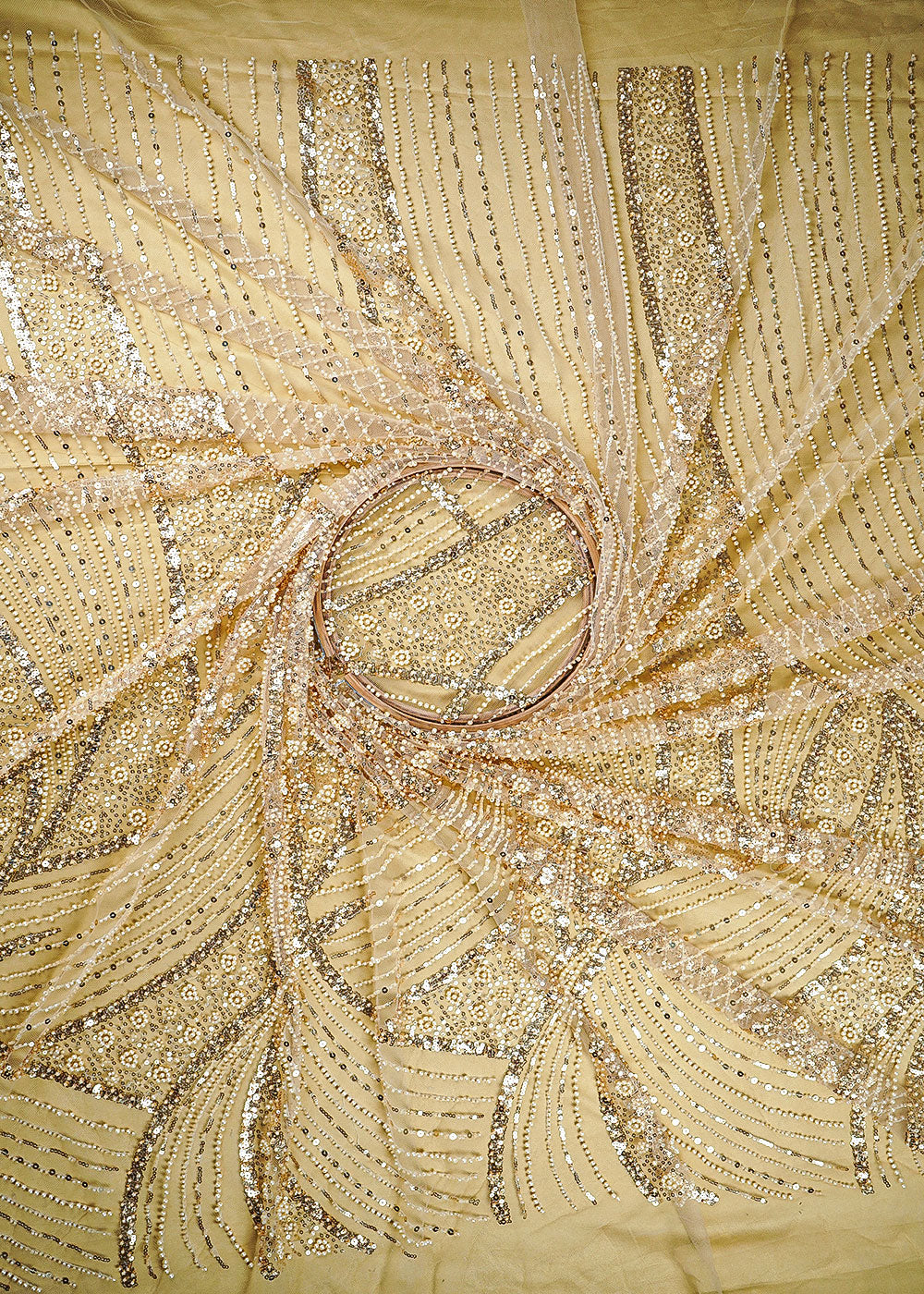 Gold Net Fabric With All Over Bead, Sequins And Scalloped Borders 24105