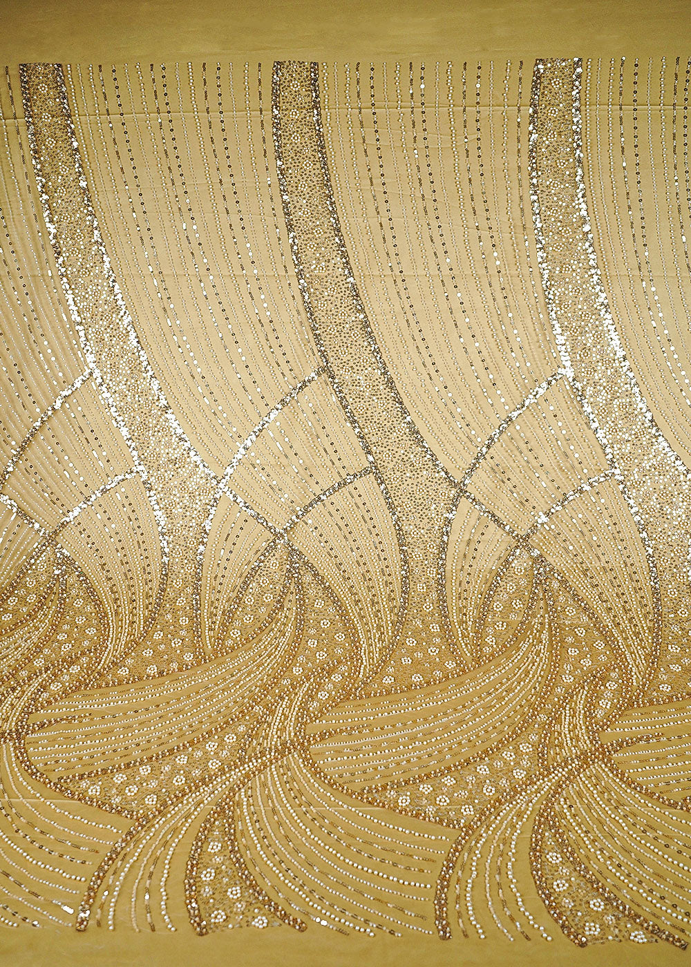 Gold Net Fabric With All Over Bead, Sequins And Scalloped Borders 24105