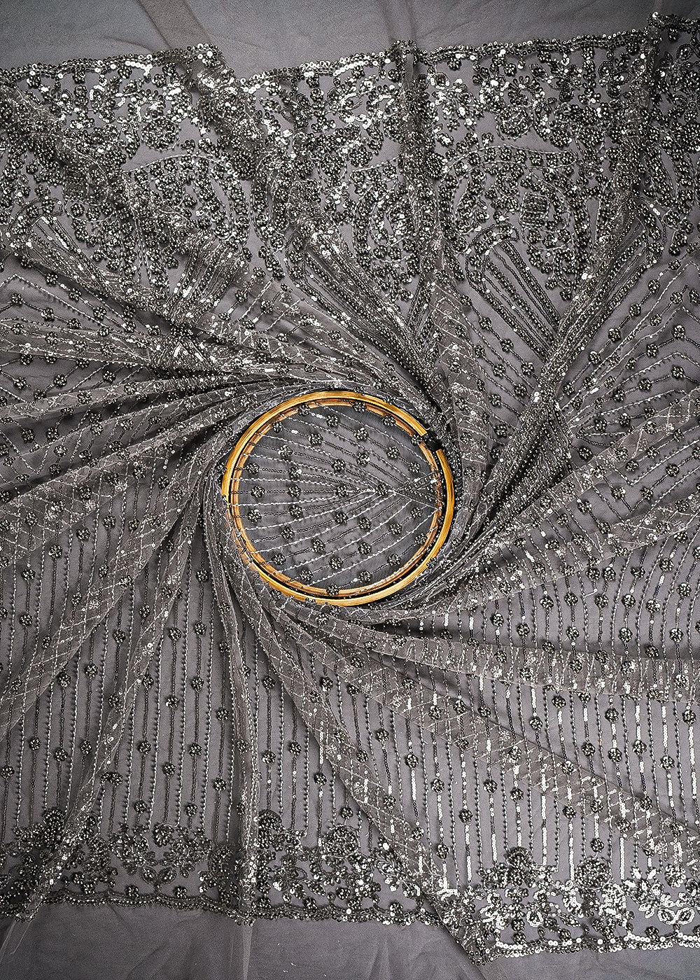 Grey Net Fabric With All Over Bead, Sequins And Scalloped Borders 24107