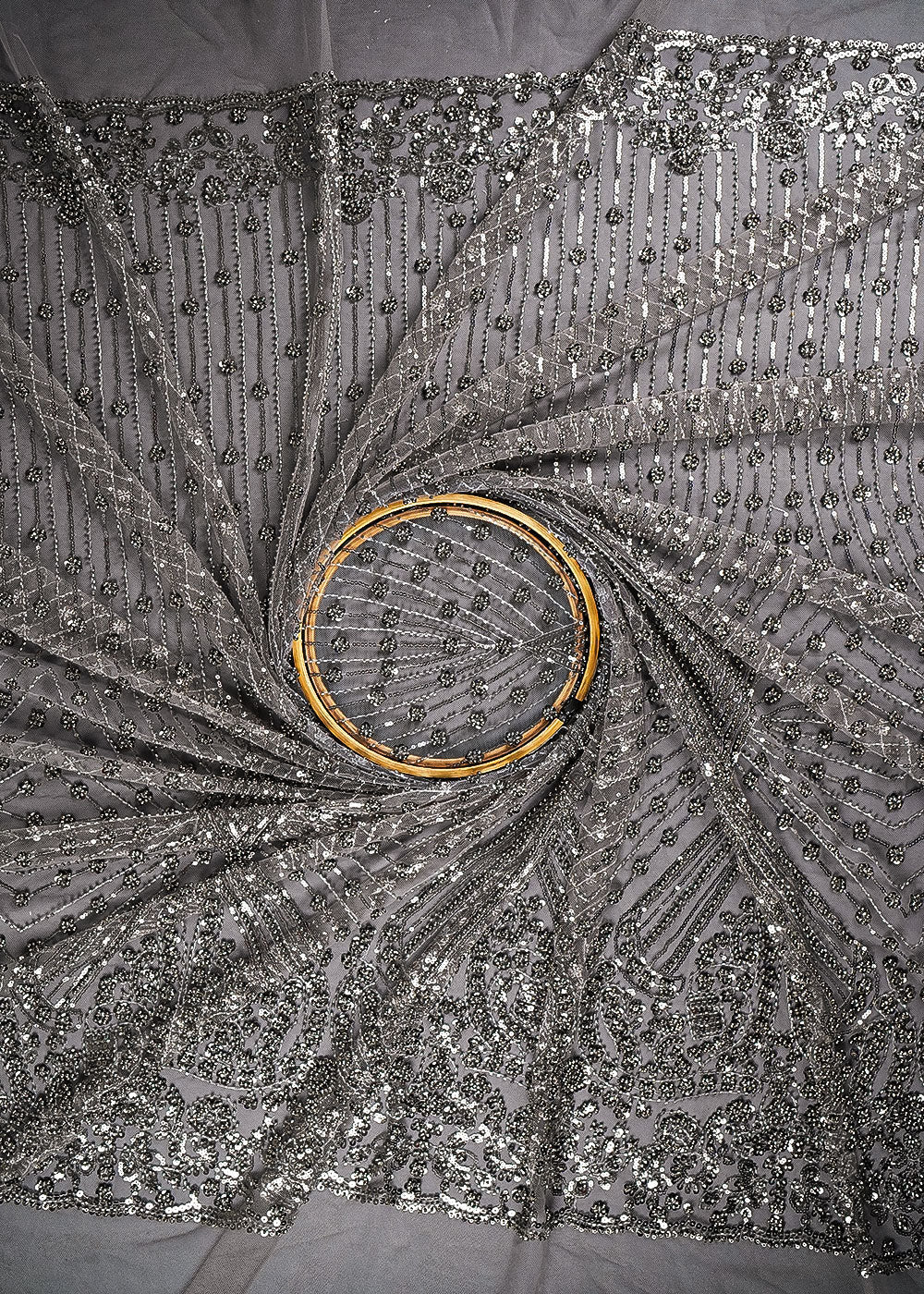 Grey Net Fabric With All Over Bead, Sequins And Scalloped Borders 24107
