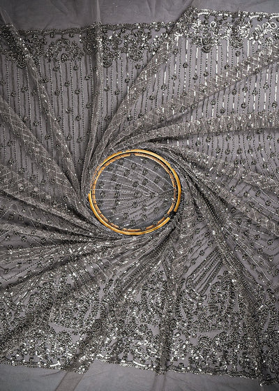 Grey Net Fabric With All Over Bead, Sequins And Scalloped Borders 24107