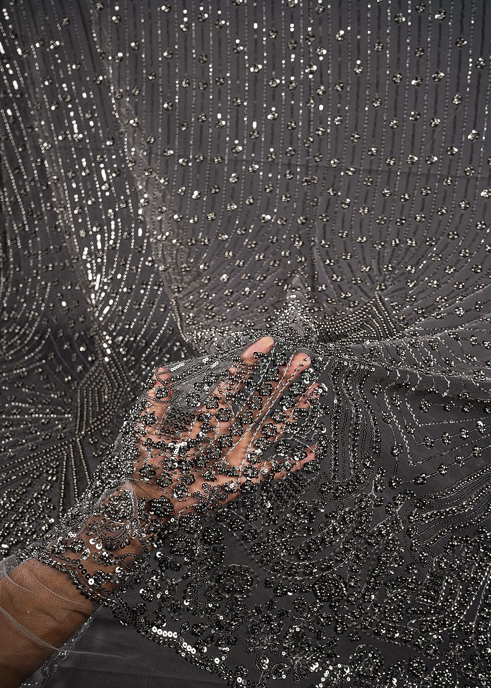 Grey Net Fabric With All Over Bead, Sequins And Scalloped Borders 24107