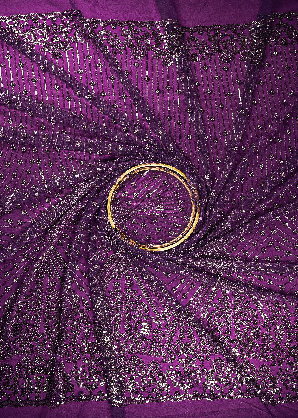 Purple Net Fabric With All Over Bead, Sequins And Scalloped Borders 24108
