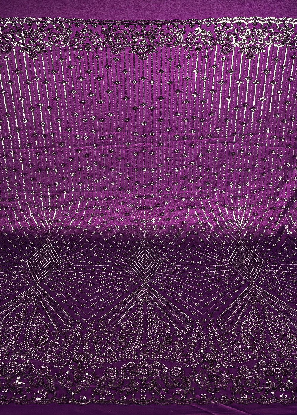 Purple Net Fabric With All Over Bead, Sequins And Scalloped Borders 24108