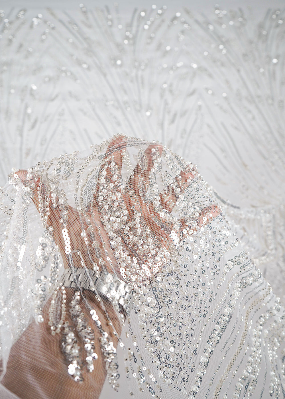 White Net Fabric With All Over Sequins And Bead Work 24110