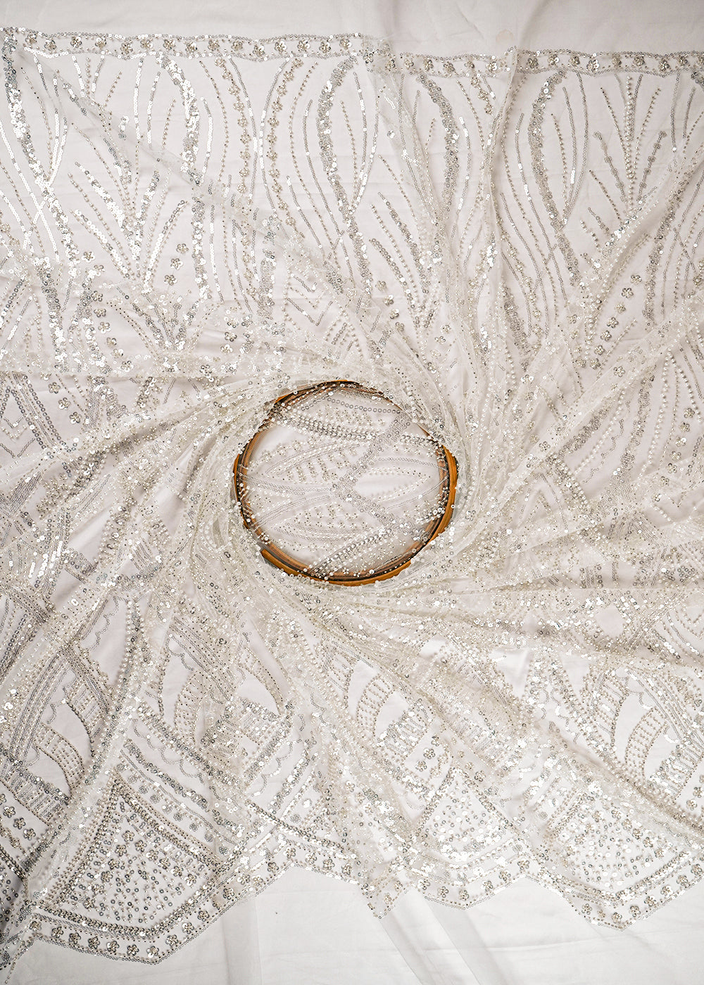 White Imported Net Fabric With All Over Bead And Sequins Work With One Side Scalloped Border 24113