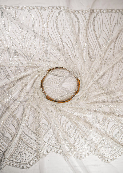 White Imported Net Fabric With All Over Bead And Sequins Work With One Side Scalloped Border 24113