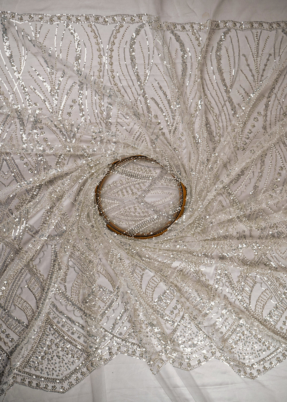 White Imported Net Fabric With All Over Bead And Sequins Work With One Side Scalloped Border 24113