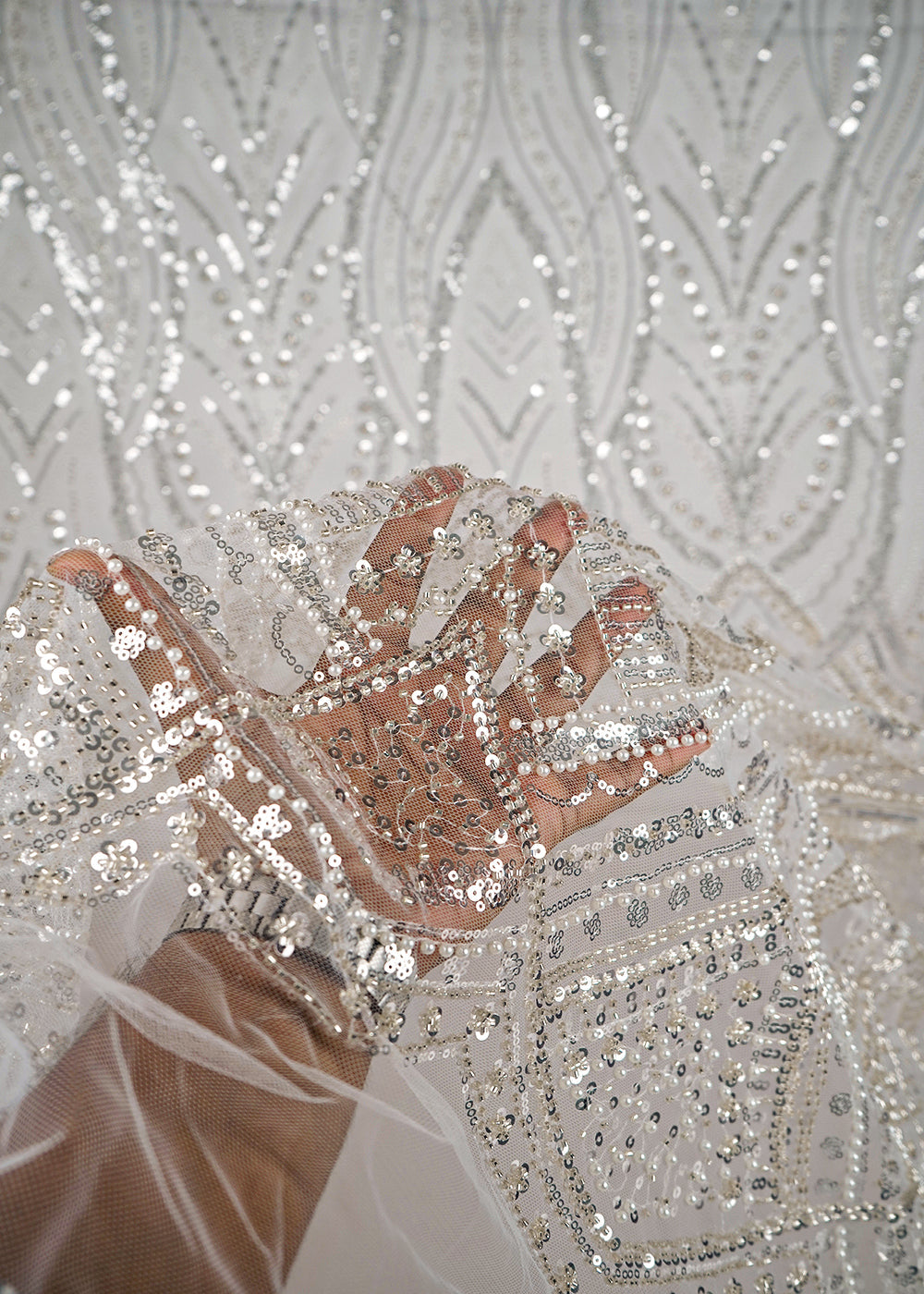 White Imported Net Fabric With All Over Bead And Sequins Work With One Side Scalloped Border 24113