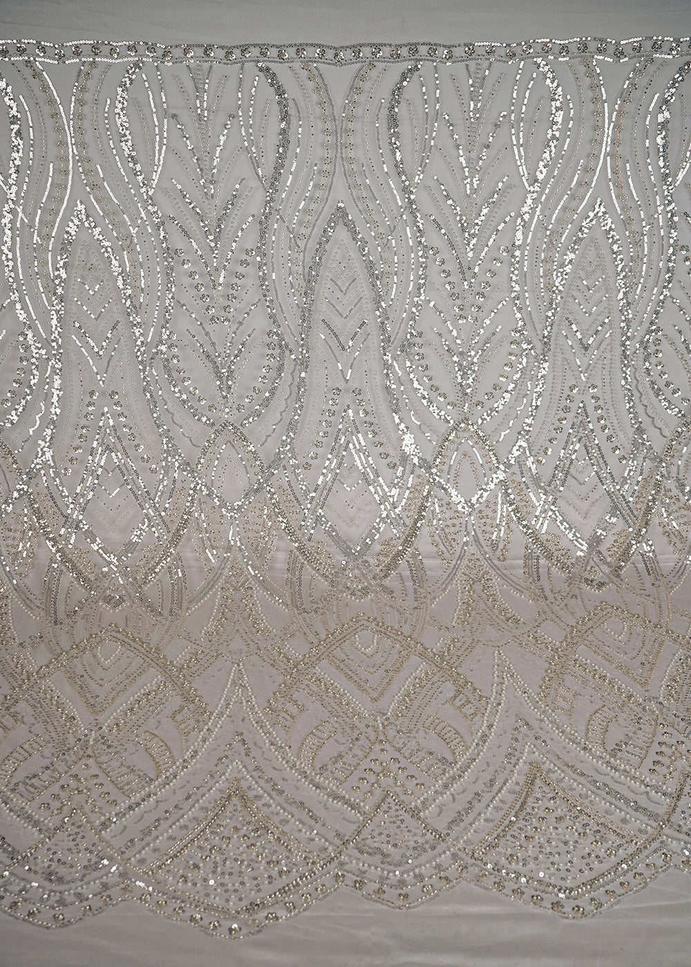 White Imported Net Fabric With All Over Bead And Sequins Work With One Side Scalloped Border 24113