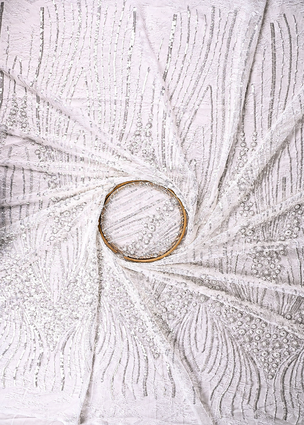 White Dyeable Sandlin Lace Fabric With All Over Katdana And Sequins Work With Border 24115