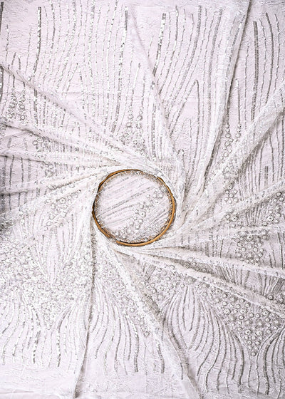 White Dyeable Sandlin Lace Fabric With All Over Katdana And Sequins Work With Border 24115