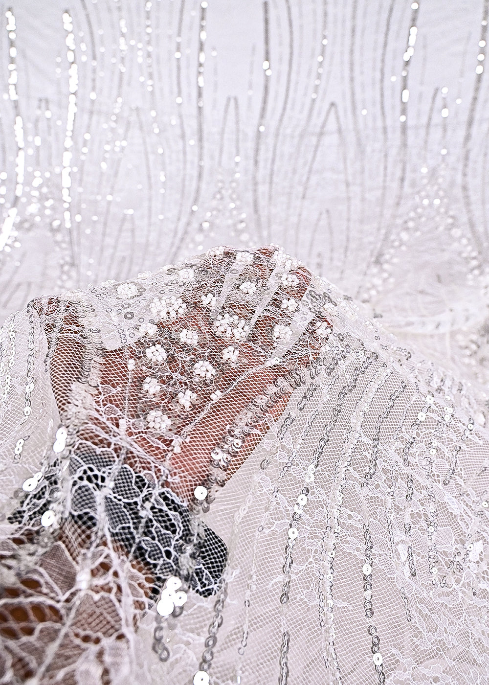 White Dyeable Sandlin Lace Fabric With All Over Katdana And Sequins Work With Border 24115