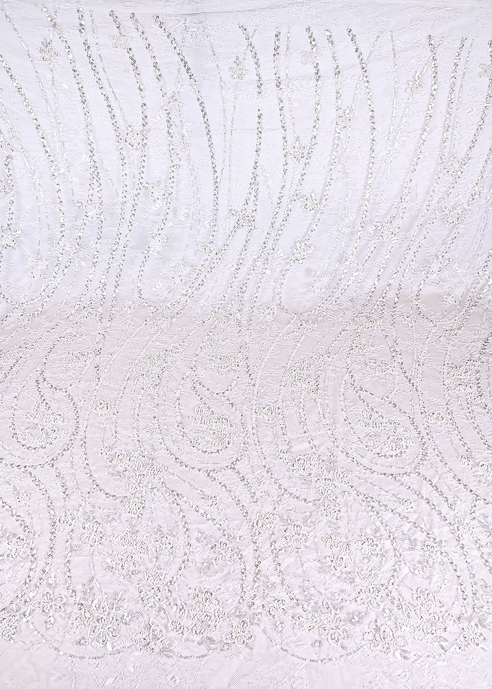 White Dyeable Sandlin Lace Fabric With All Over Katdana And Sequins Work With Border 24119
