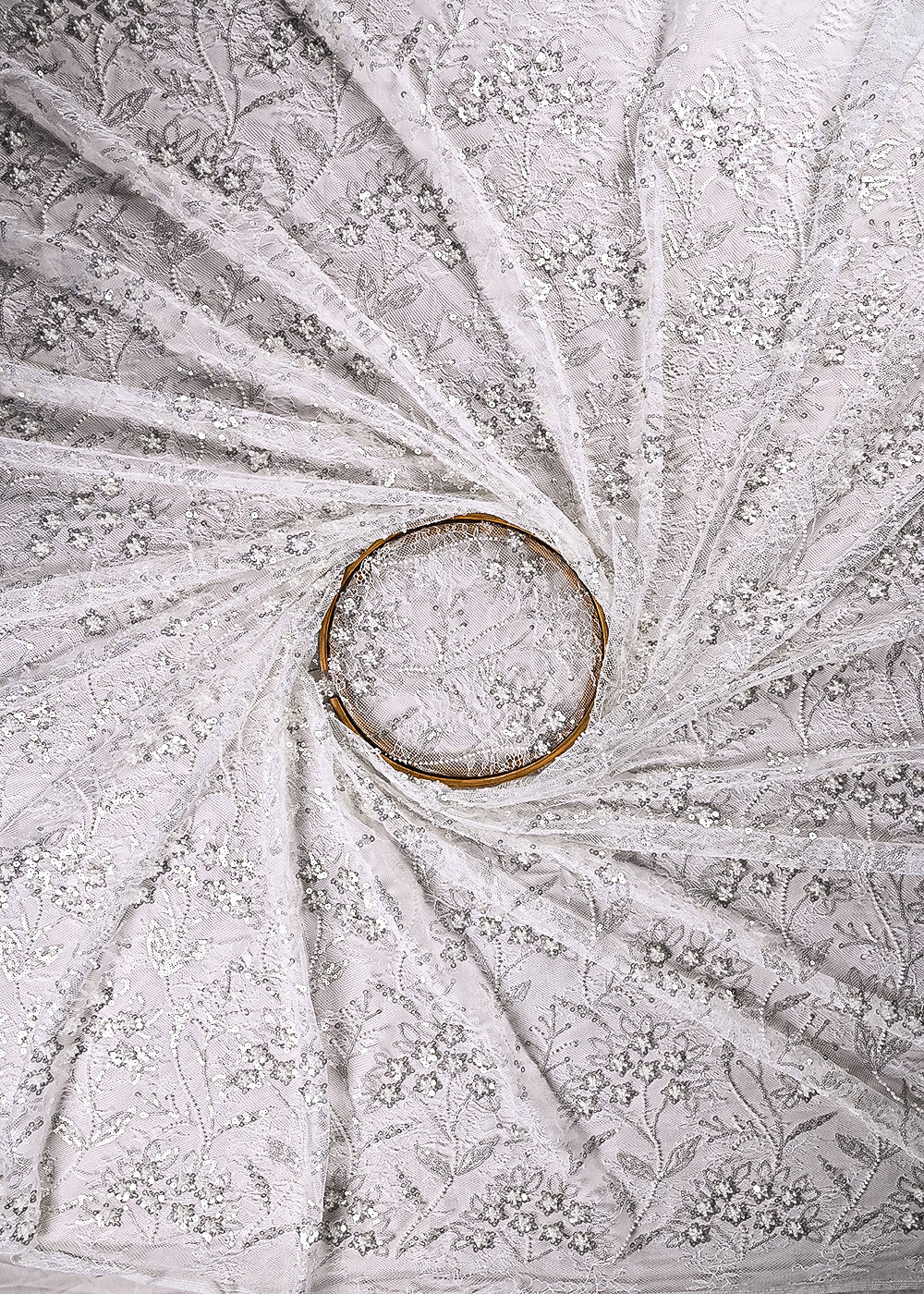 White Dyeable Sandlin Lace Fabric With All Over Katdana And Sequins Work With Border 24120