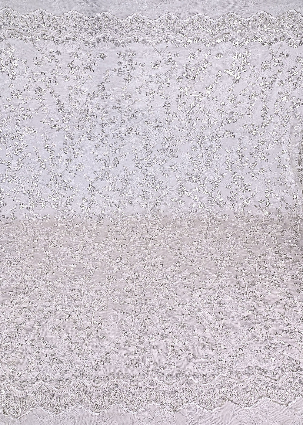 White Dyeable Sandlin Lace Fabric With All Over Katdana And Sequins Work With Border 24121