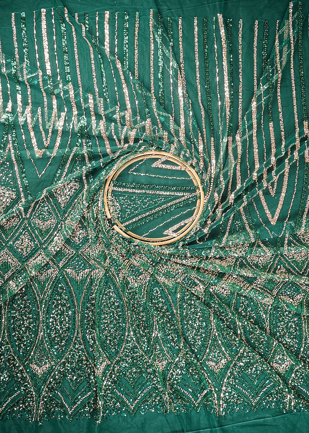 Bottel Green Imported Net Fabric With All Over Sequins And Katdana Work With Border 24125