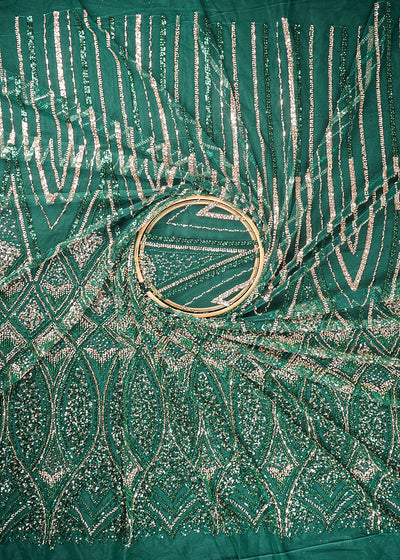 Bottle Green Imported Net Fabric With All Over Sequins And Katdana Work With Border 24125