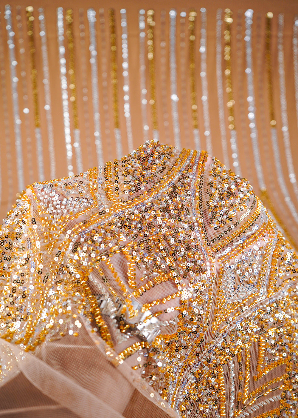Golden Imported Net Fabric With All Over Sequins And Katdana Work With Border 24126