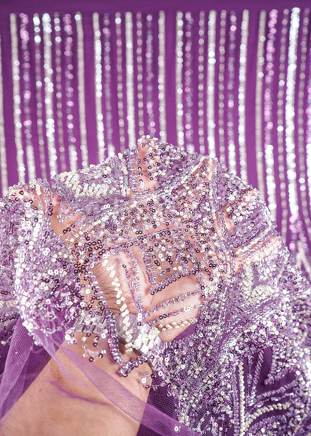 Purple Imported Net Fabric With All Over Sequins And Katdana Work With Border 24127