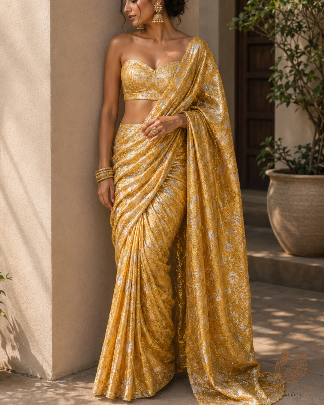 Yellow Imported Jacquard Fabric With All Over Foil Work 24131