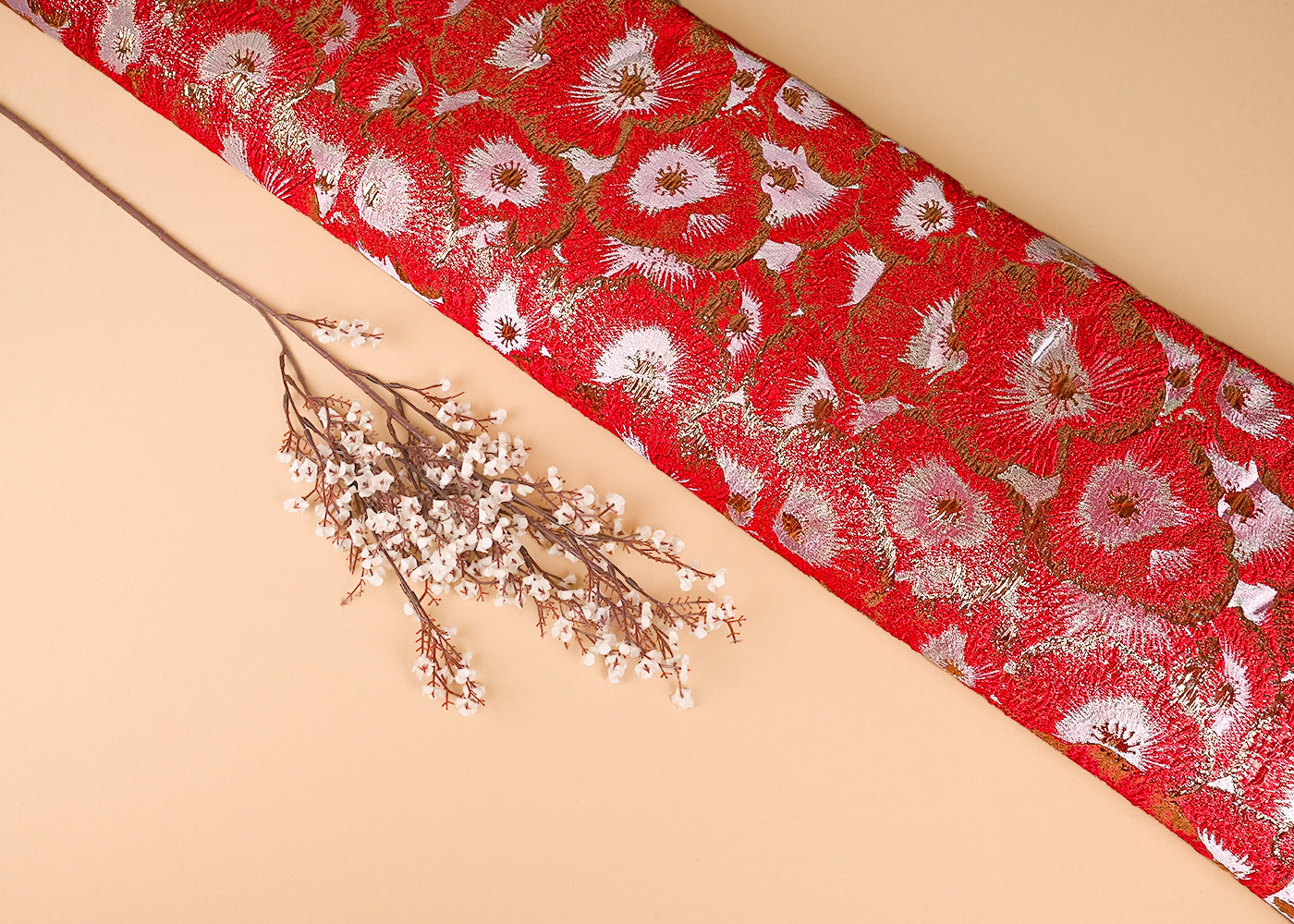 Red Imported Jacquard Fabric With All Over Foil Work 24133
