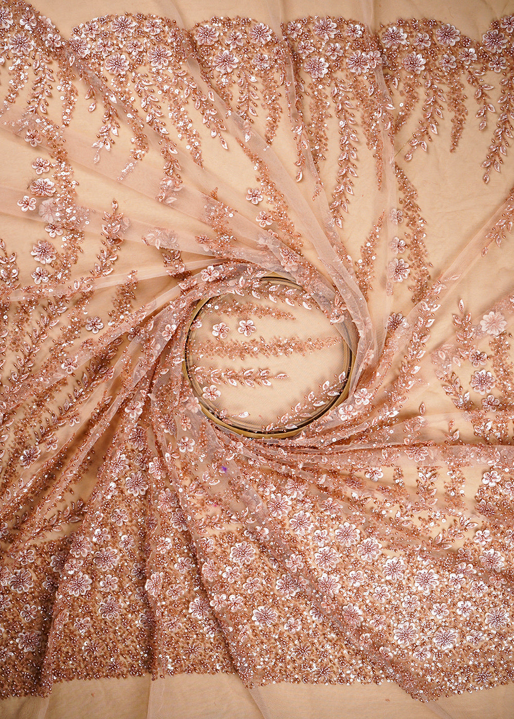 Peach Net Fabric With All Over Bead And Sequins Work 24144