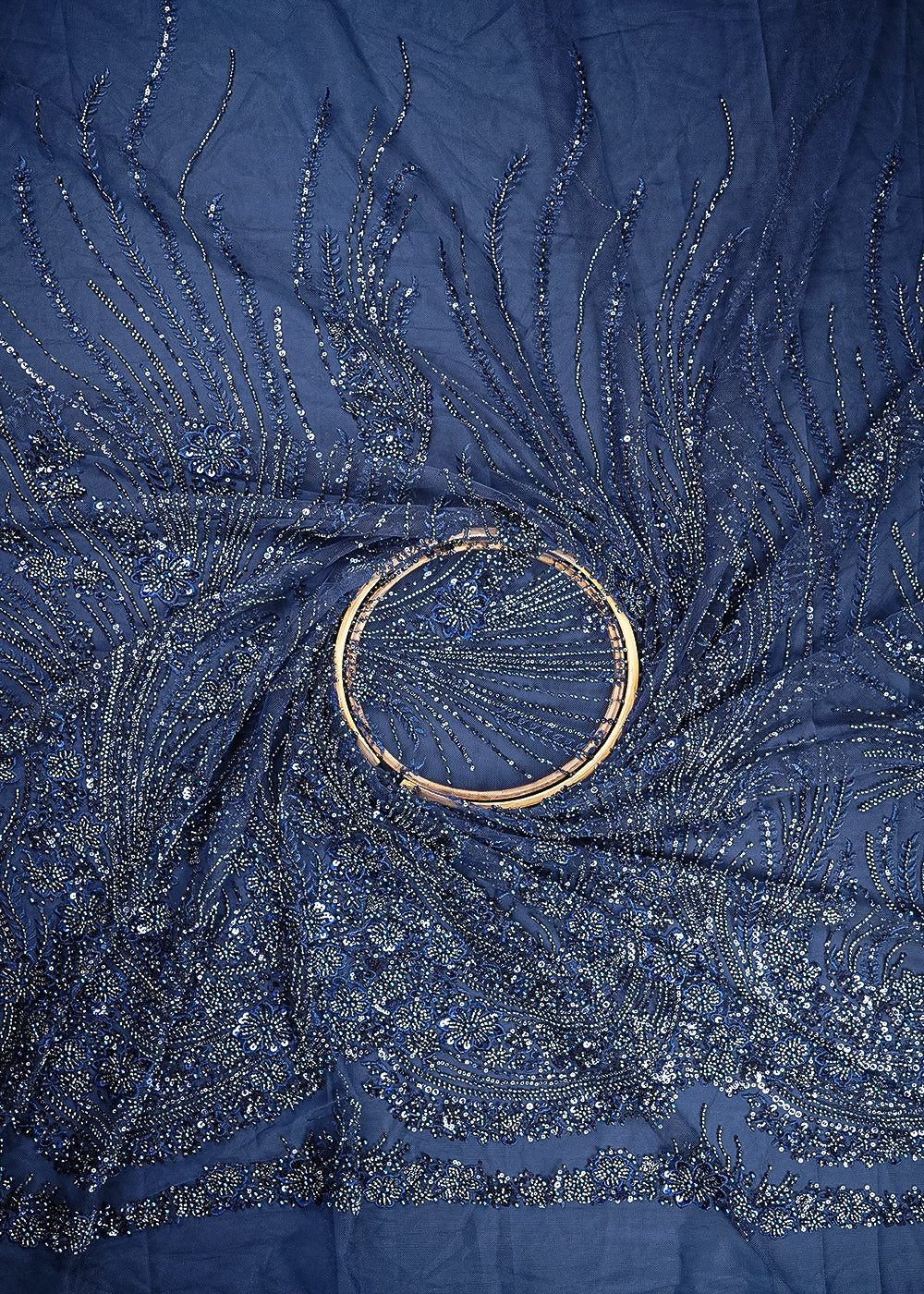 Navy Blue Net Fabric With All Over Sequins, Katdana, Thread And Bead Work 24146