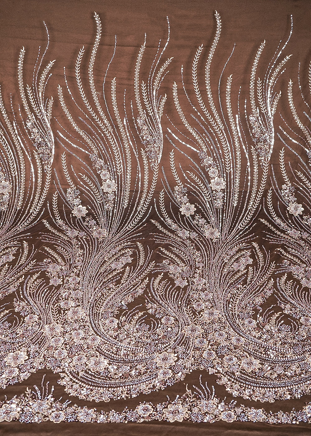 Brown Net Fabric With All Over Sequins, Katdana, Thread And Bead Work 24147