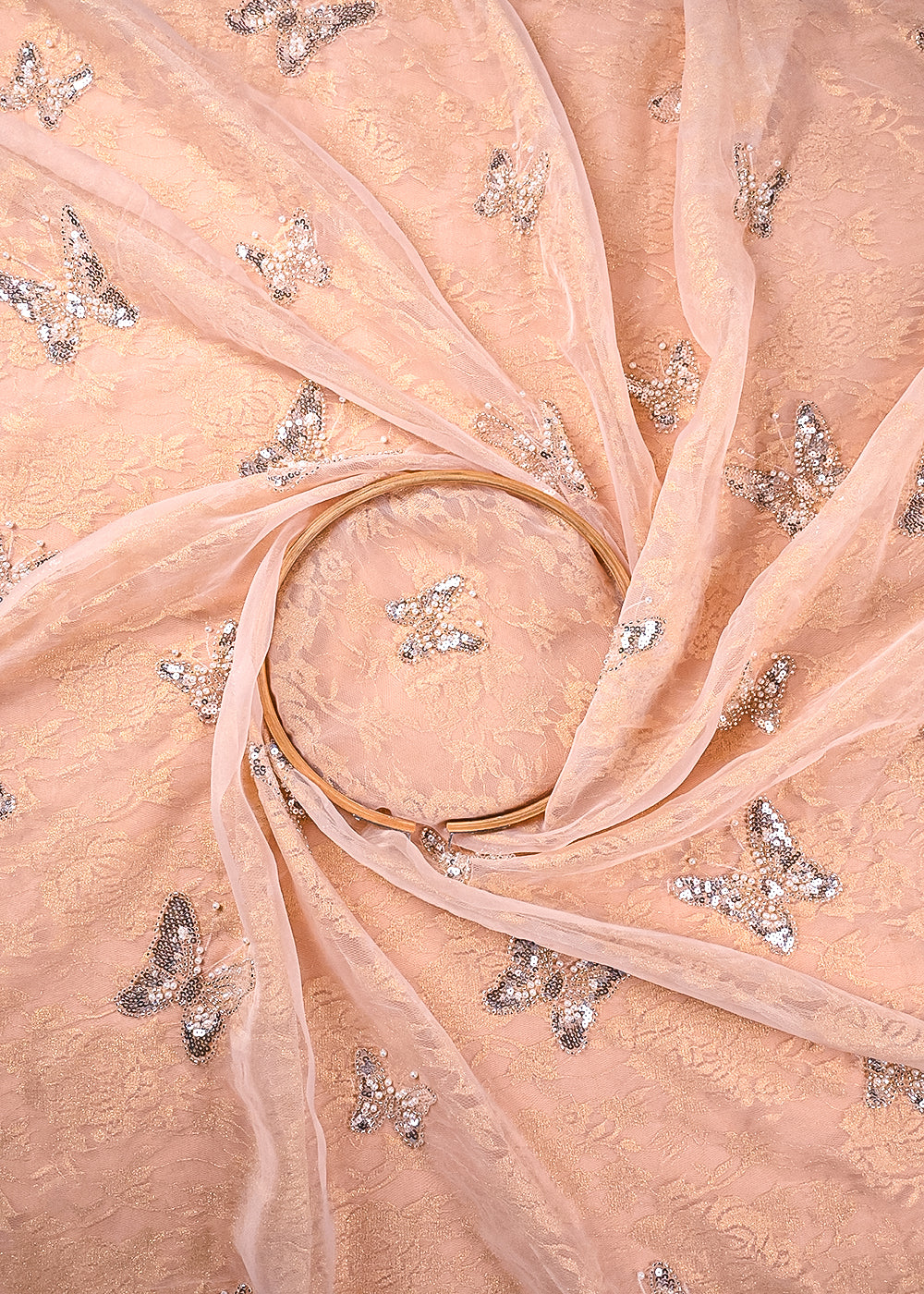 Beige Organza & Sandlin Lace Fabric With All Over Sequins And Bead Work 24149