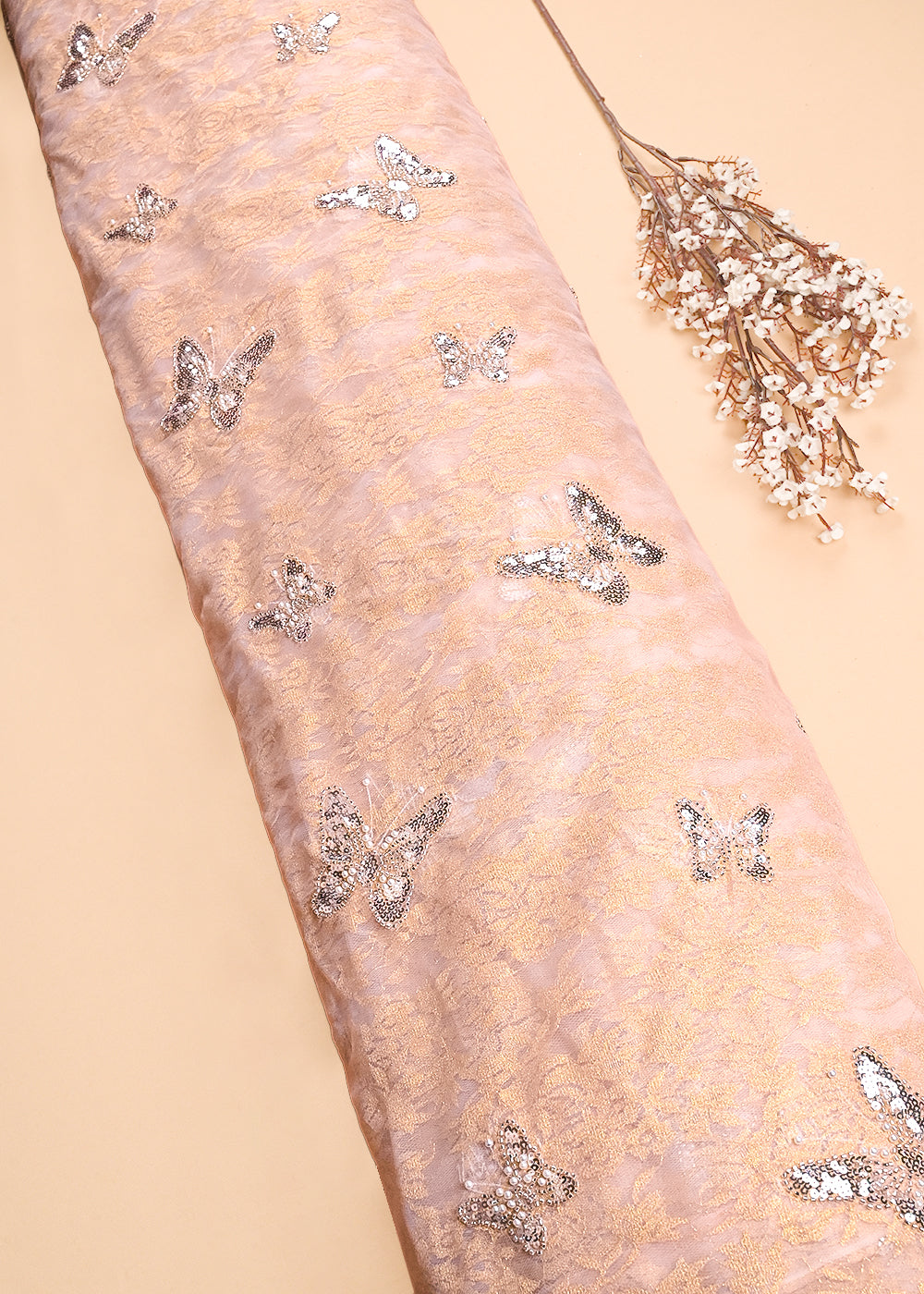 Beige Organza & Sandlin Lace Fabric With All Over Sequins And Bead Work 24149