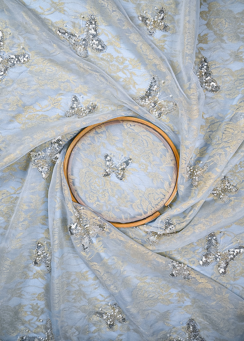 Sky Blue Organza & Sandlin Lace Fabric With All Over Sequins And Bead Work 24150